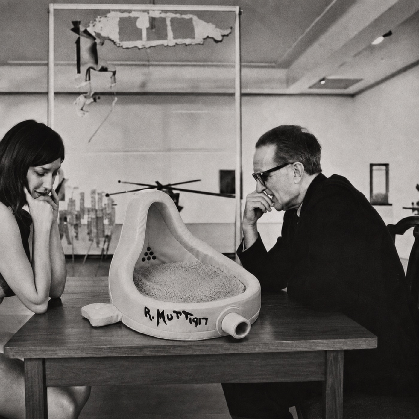 Two people study the plush bed across a table in a museum gallery, black and white